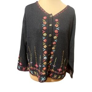 Icelandic Design L Black Boho Embroidered Silk Cottagecore Cardigan Folk Vintage